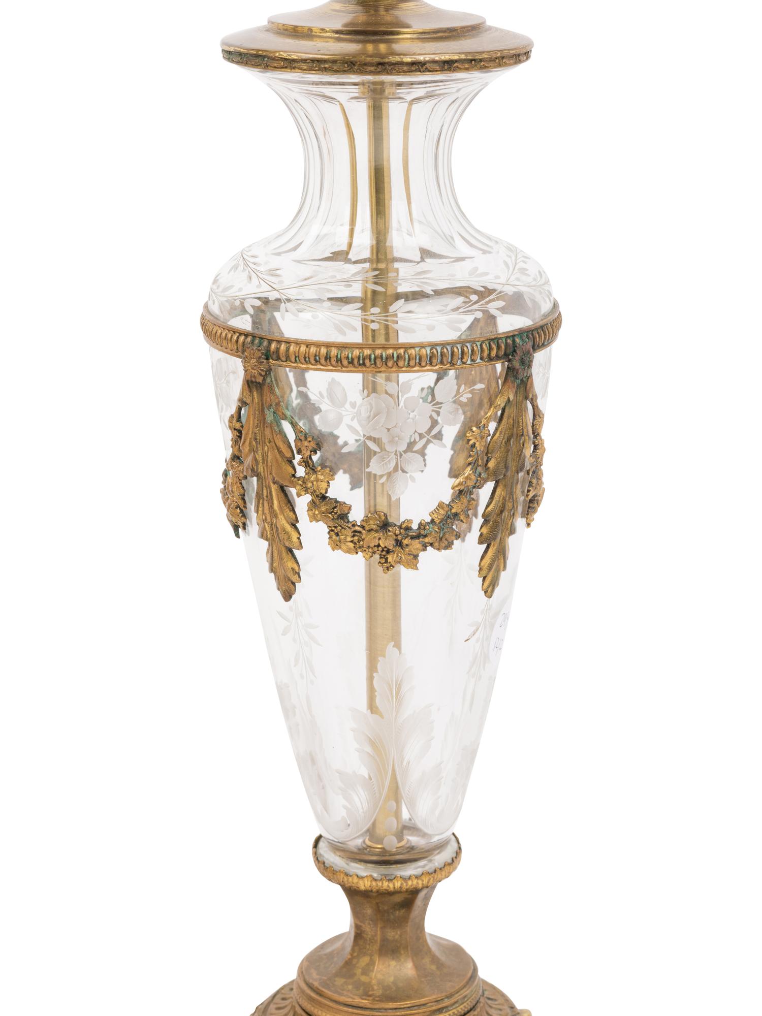 A French Gilt Bronze Mounted Marble Urn and a French Gilt Metal Mounted Cut Glass Vase, Both Mounted as Lamps