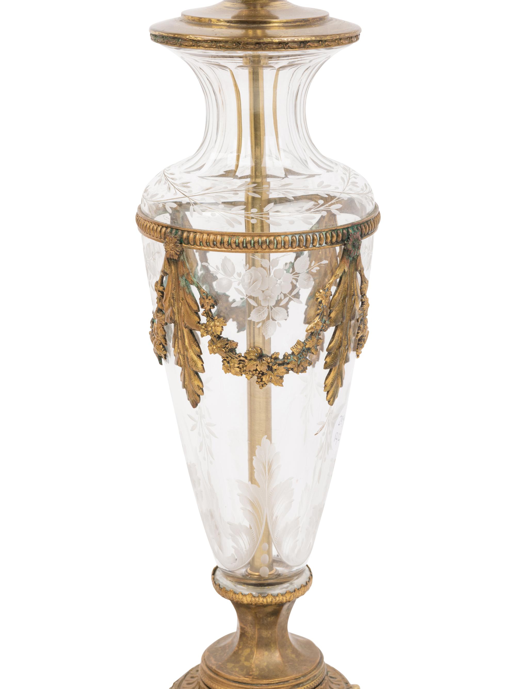 A French Gilt Bronze Mounted Marble Urn and a French Gilt Metal Mounted Cut Glass Vase, Both Mounted as Lamps