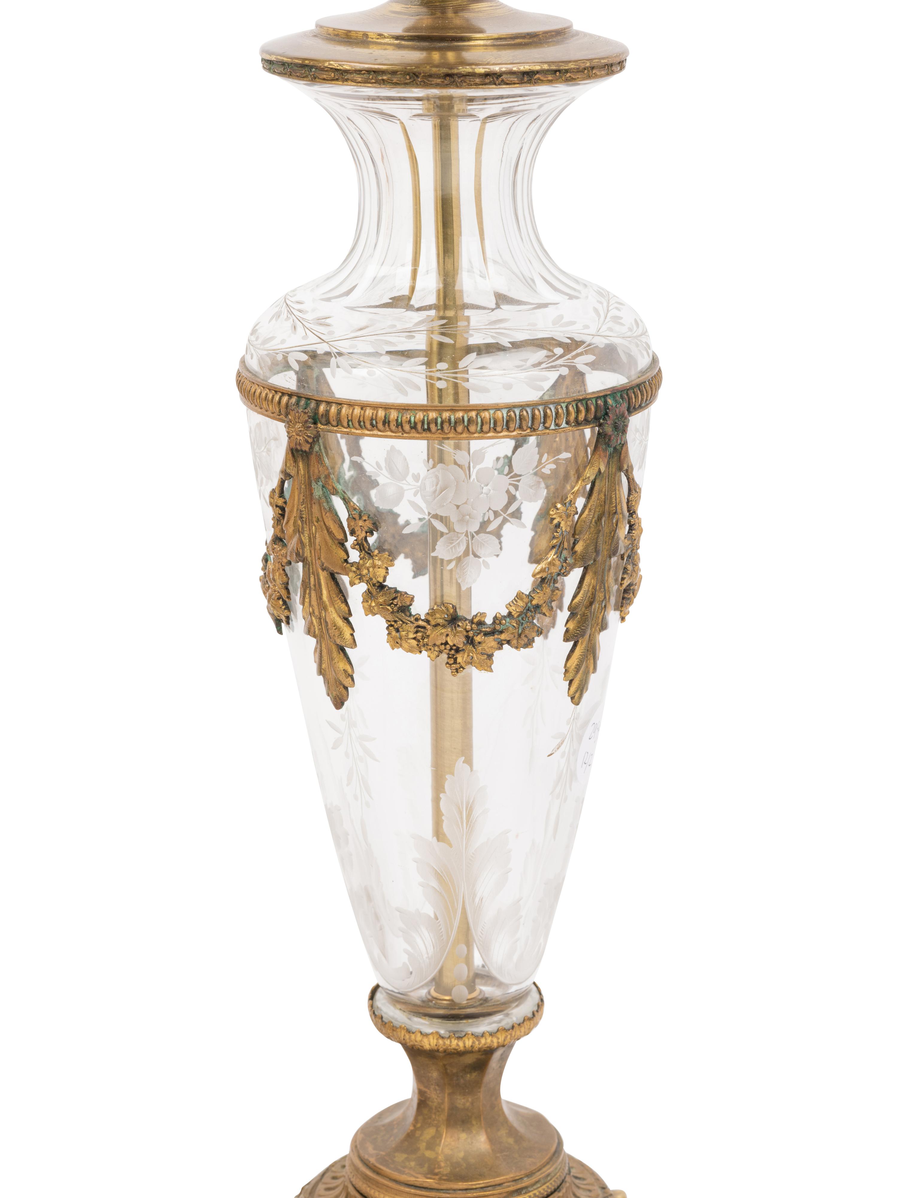 A French Gilt Bronze Mounted Marble Urn and a French Gilt Metal Mounted Cut Glass Vase, Both Mounted as Lamps