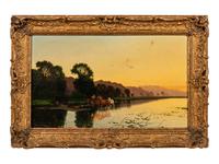 Three Cows Watering in Pastoral Landscape