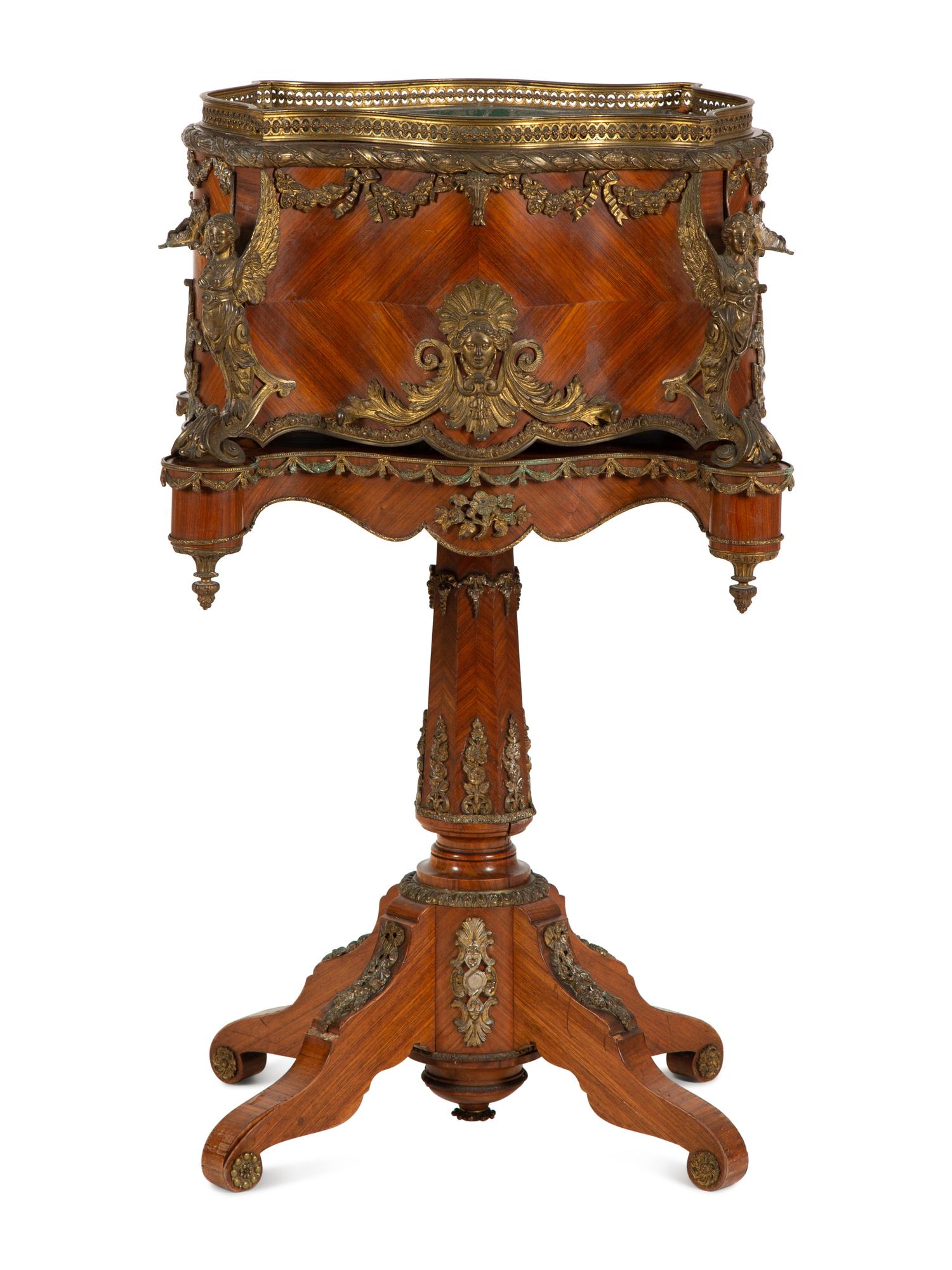 A Napoleon III Gilt Metal Mounted Kingwood Jardinière and Stand