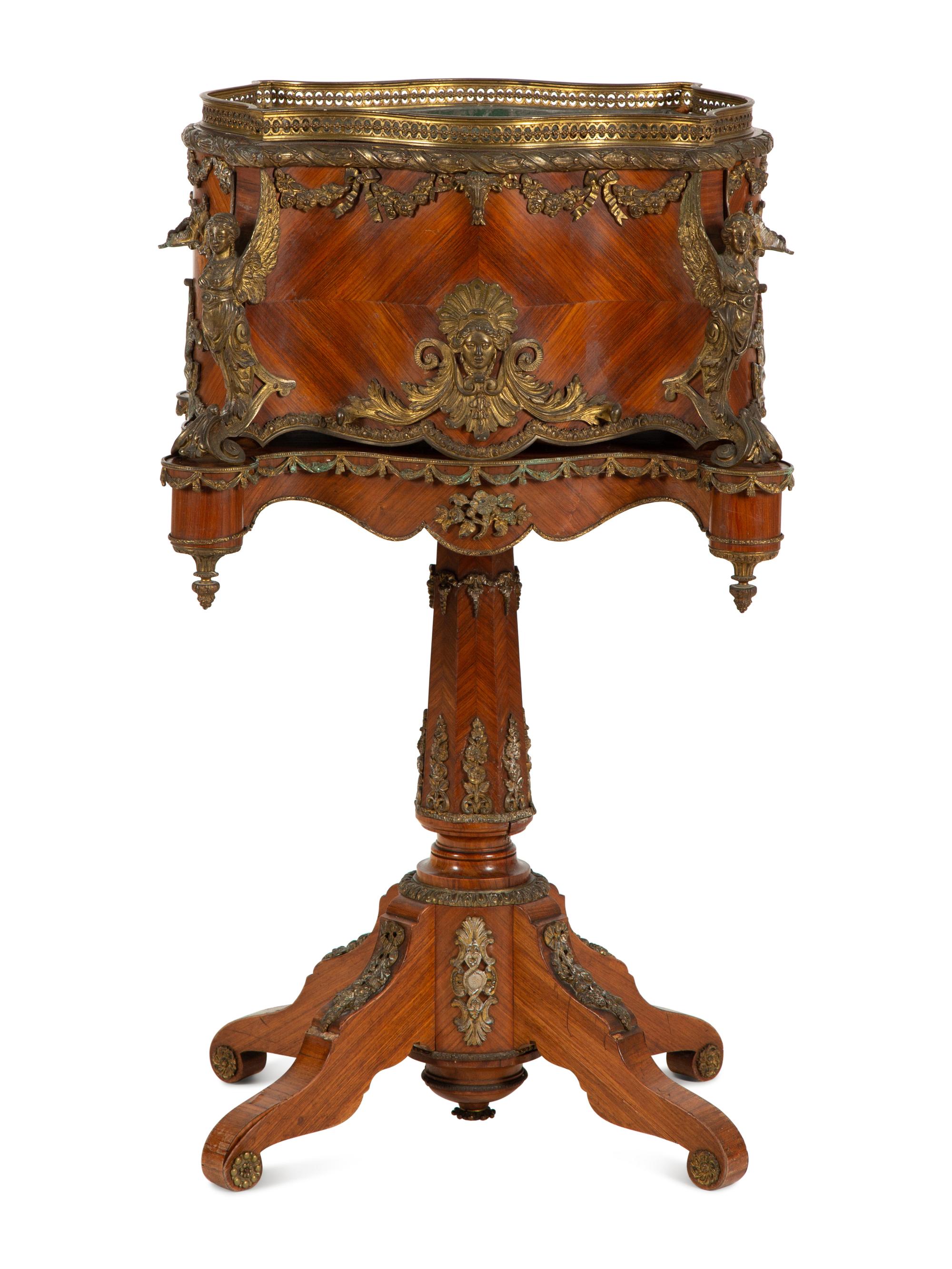 A Napoleon III Gilt Metal Mounted Kingwood Jardinière and Stand