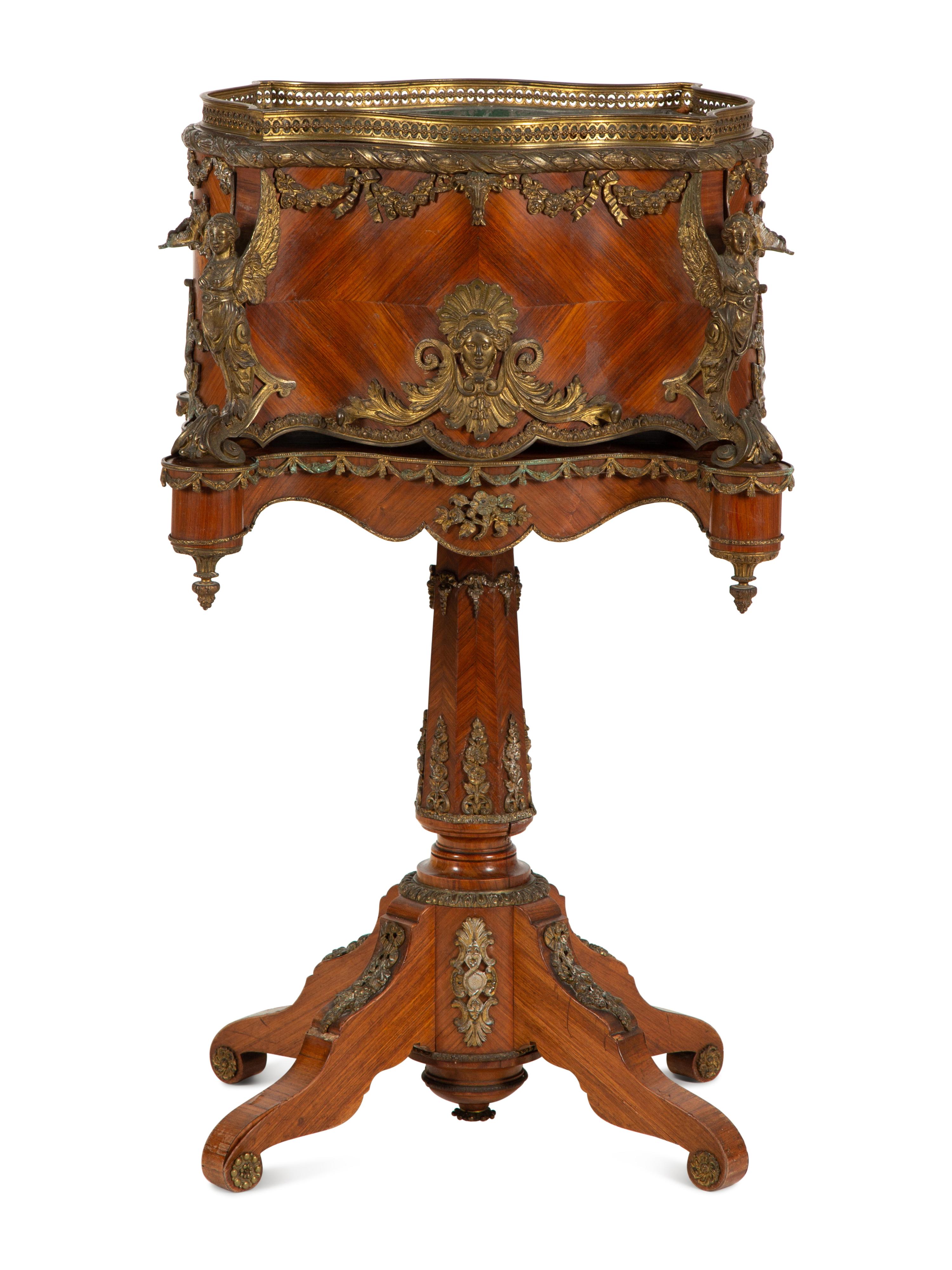 A Napoleon III Gilt Metal Mounted Kingwood Jardinière and Stand