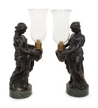 A Pair of Figural Hurricane Candlesticks on Verde Antico Marble Bases