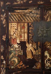 A Chinese Black Lacquer and Polychrome Scholar's Cabinet