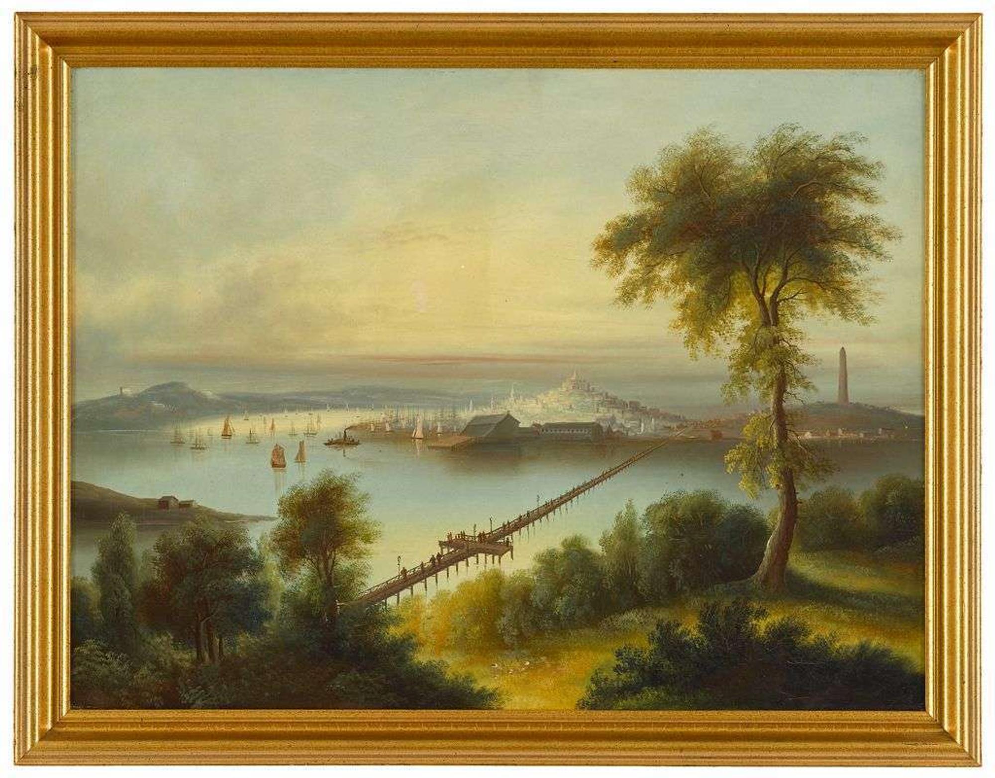 In the manner of Edmund Coates (1816-1871) boston harbor view with state house and bridge to charlestown