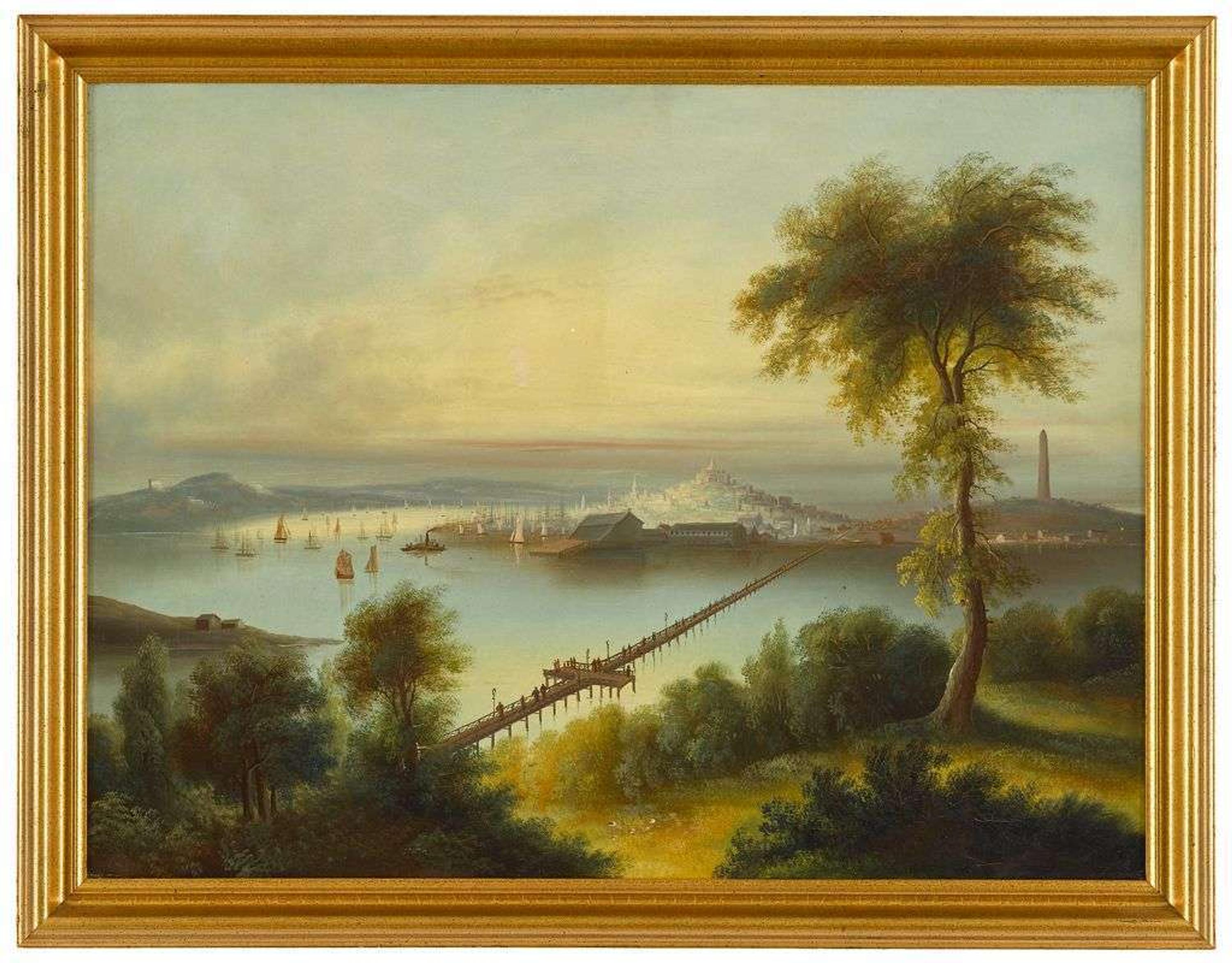 In the manner of Edmund Coates (1816-1871) boston harbor view with state house and bridge to charlestown