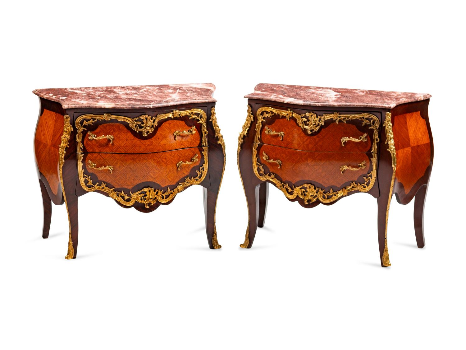 A Pair of Louis XV Style Gilt-Bronze-Mounted Inlaid Kingwood and Tulipwood Commodes