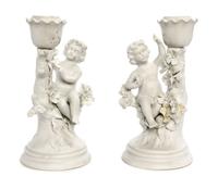 A Pair of Bisque Porcelain Figural Candlesticks Height 7 1/4 inches.