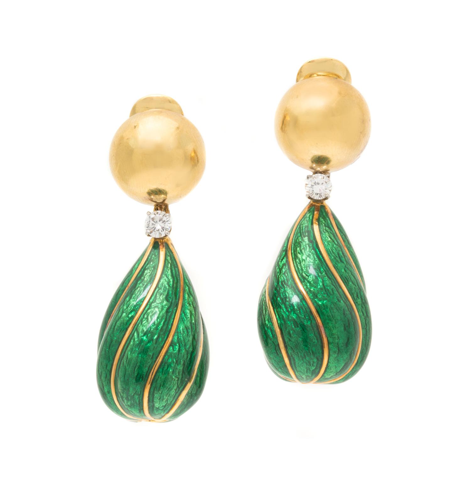 A Pair of 18 Karat Yellow Gold, Diamond and Enamel Pendant Earclips, David Webb, 31.00 dwts.