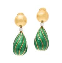 A Pair of 18 Karat Yellow Gold, Diamond and Enamel Pendant Earclips, David Webb, 31.00 dwts.
