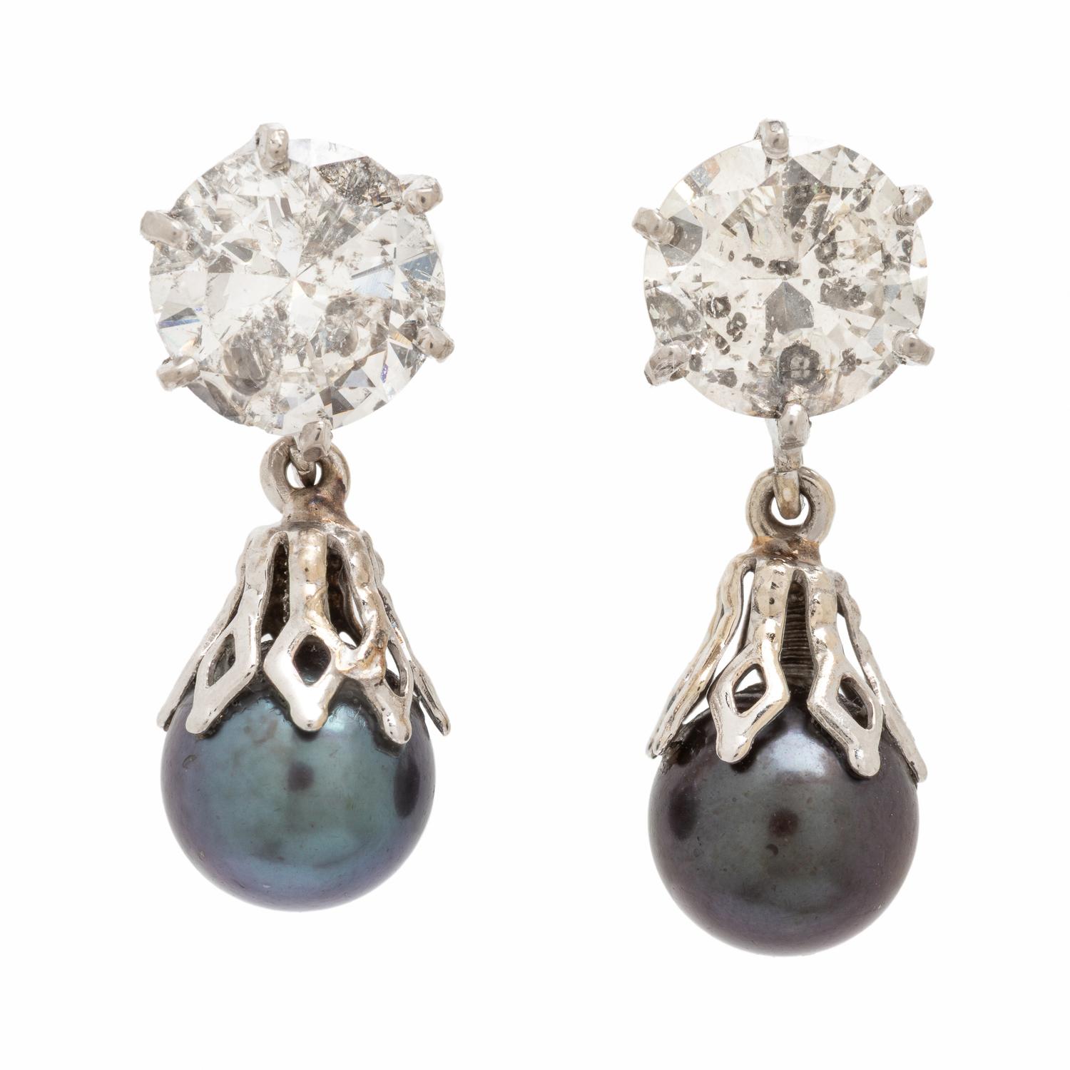 Diamond and Cultured Black Pearl Earrings