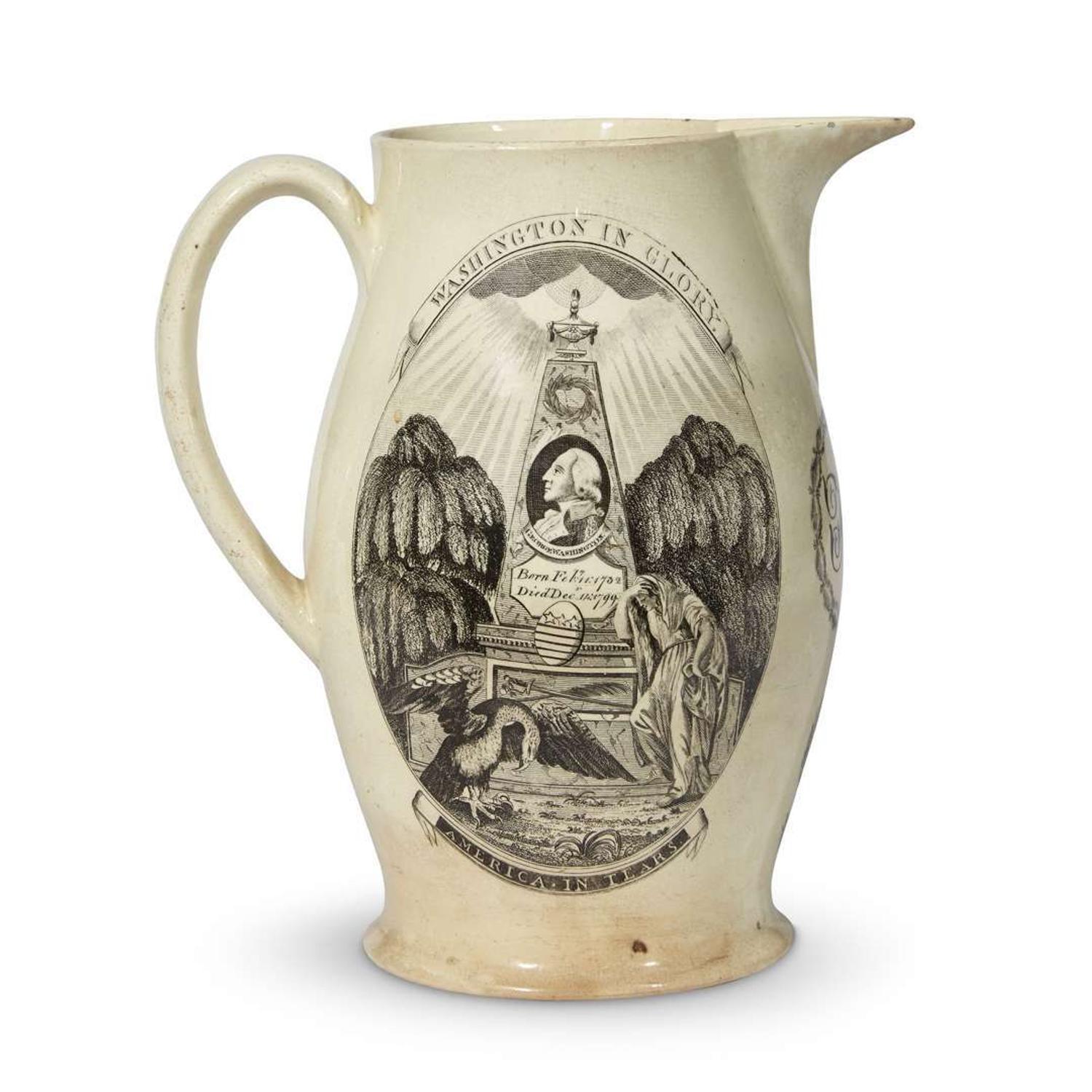 Transfer-printed and enameled creamware presentation jug England, circa 1800