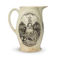Transfer-printed and enameled creamware presentation jug England, circa 1800