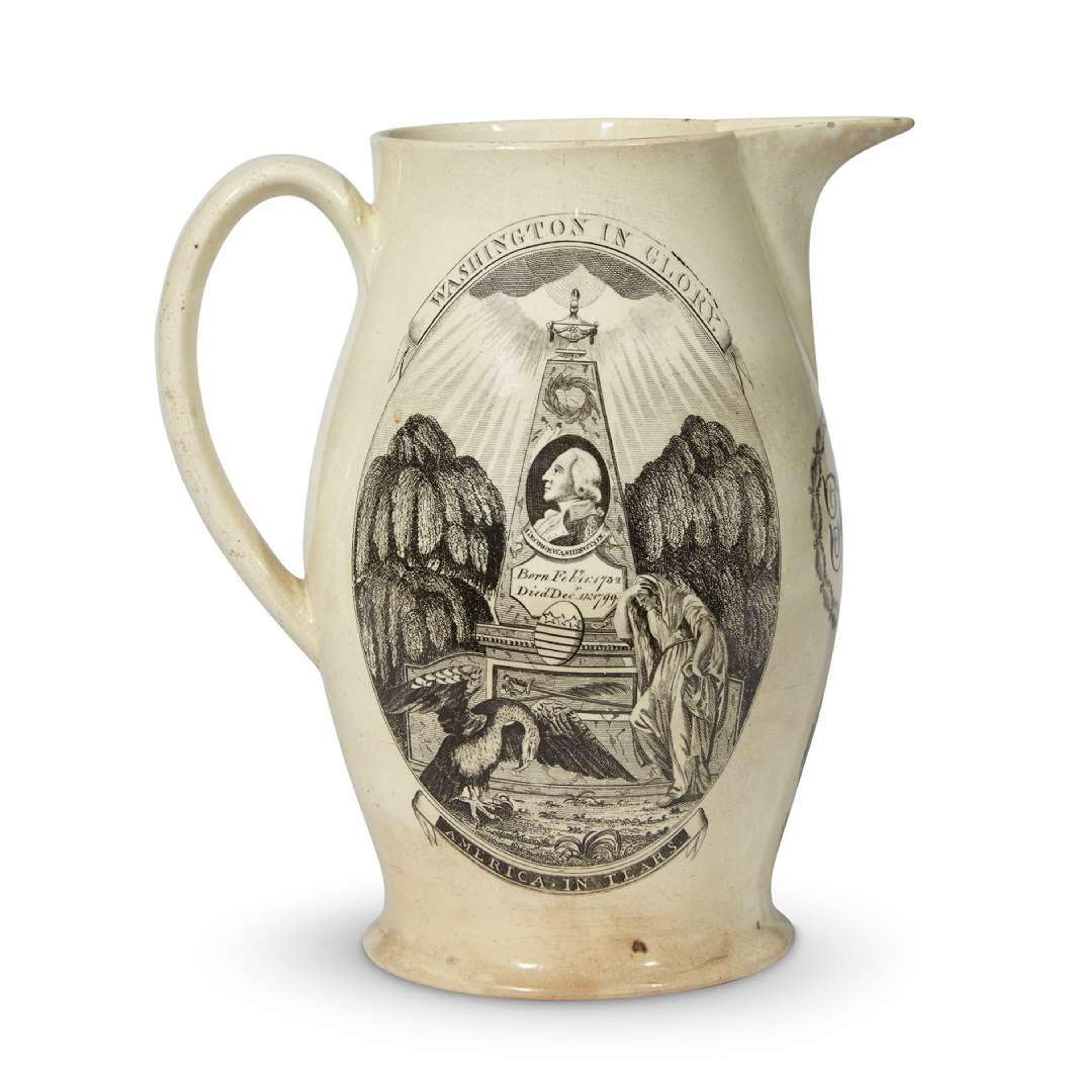 Transfer-printed and enameled creamware presentation jug England, circa 1800