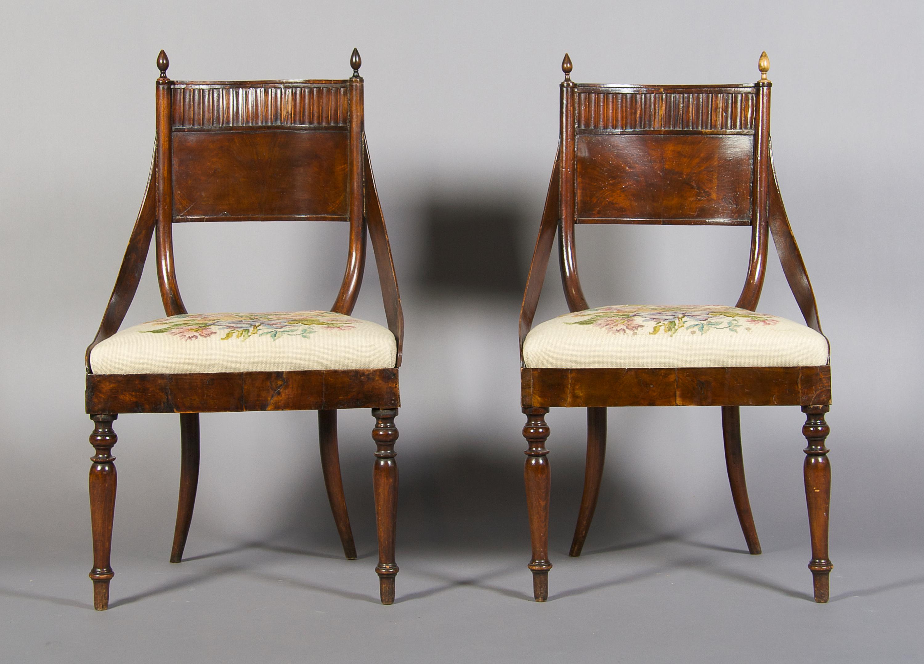 A Pair of Regency Barrel Back Chairs, Height 36 1/2 inches.