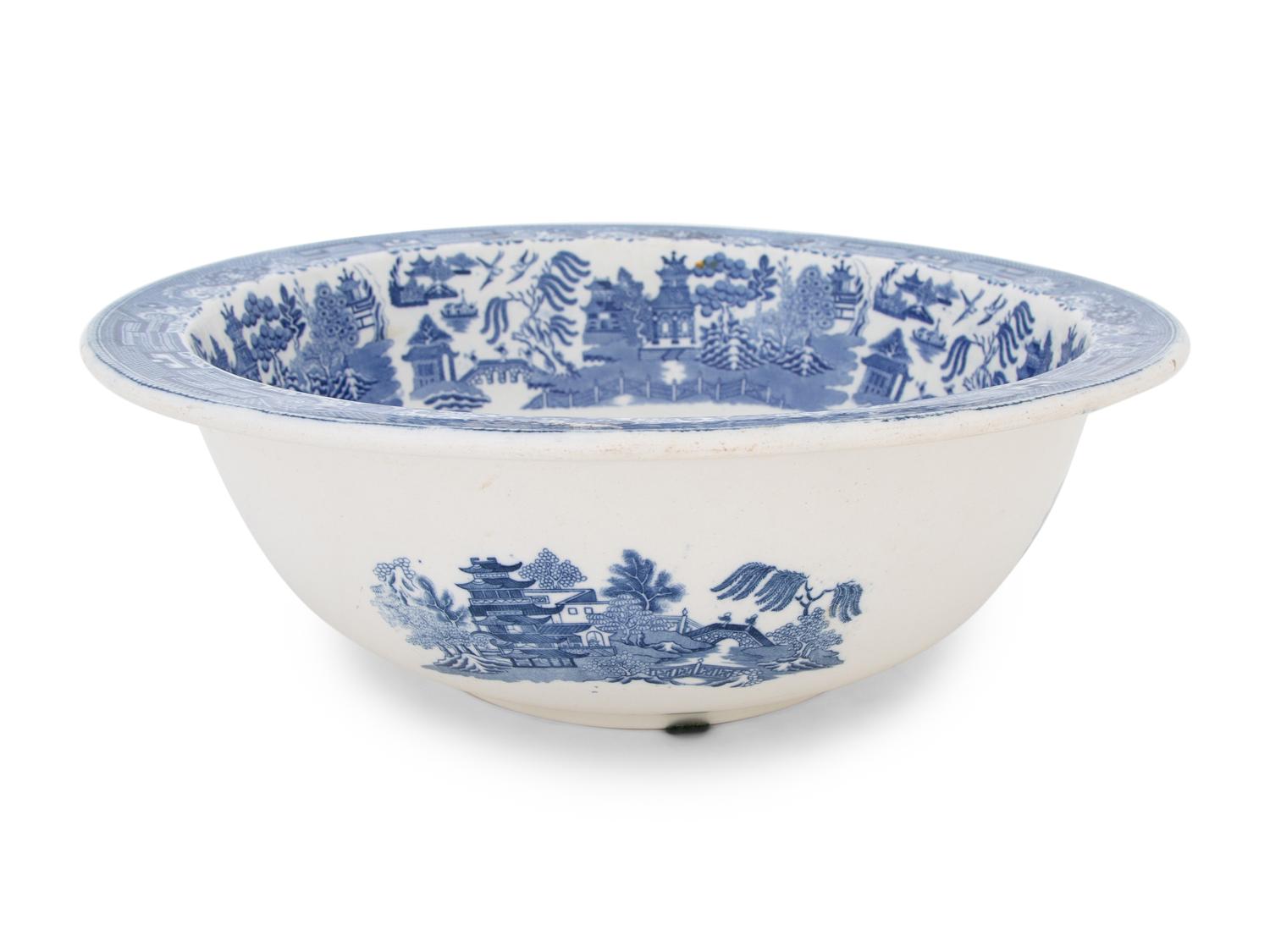 A Large English Blue and White Transfer Decorated Porcelain Basin