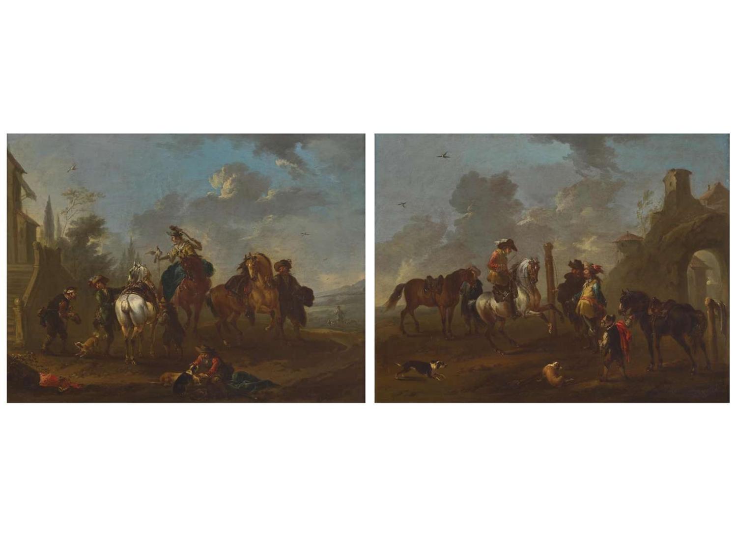 August Querfurt (Austrian, 1696-1761), A Pair: Cavalier Meeting; together with Hawking Party