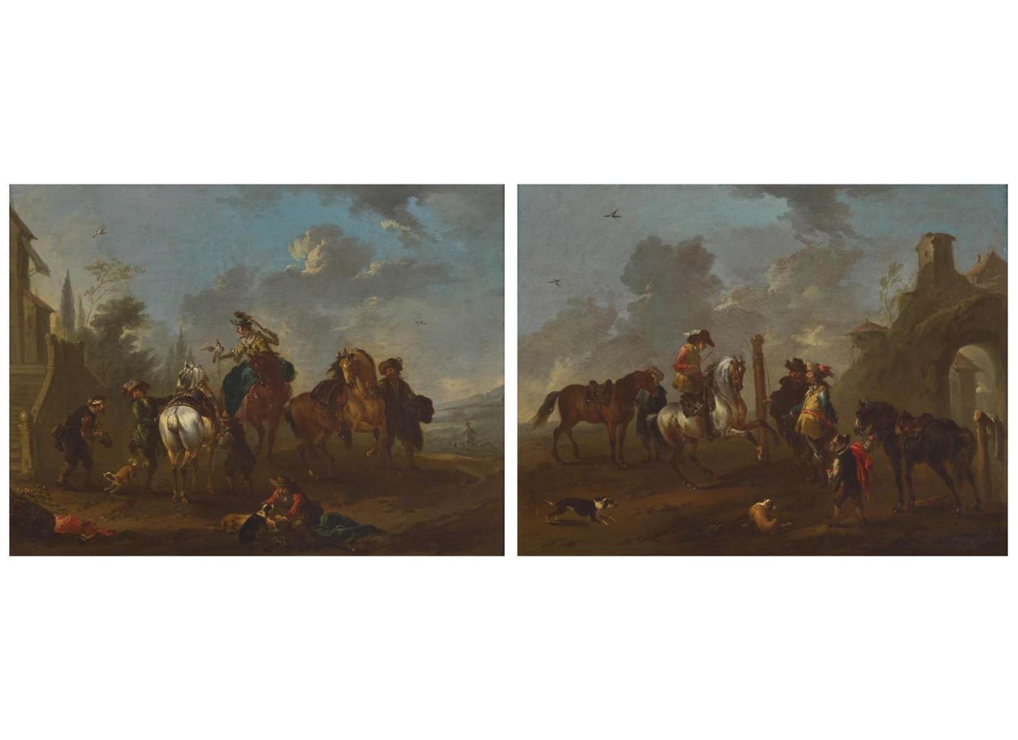 August Querfurt (Austrian, 1696-1761), A Pair: Cavalier Meeting; together with Hawking Party