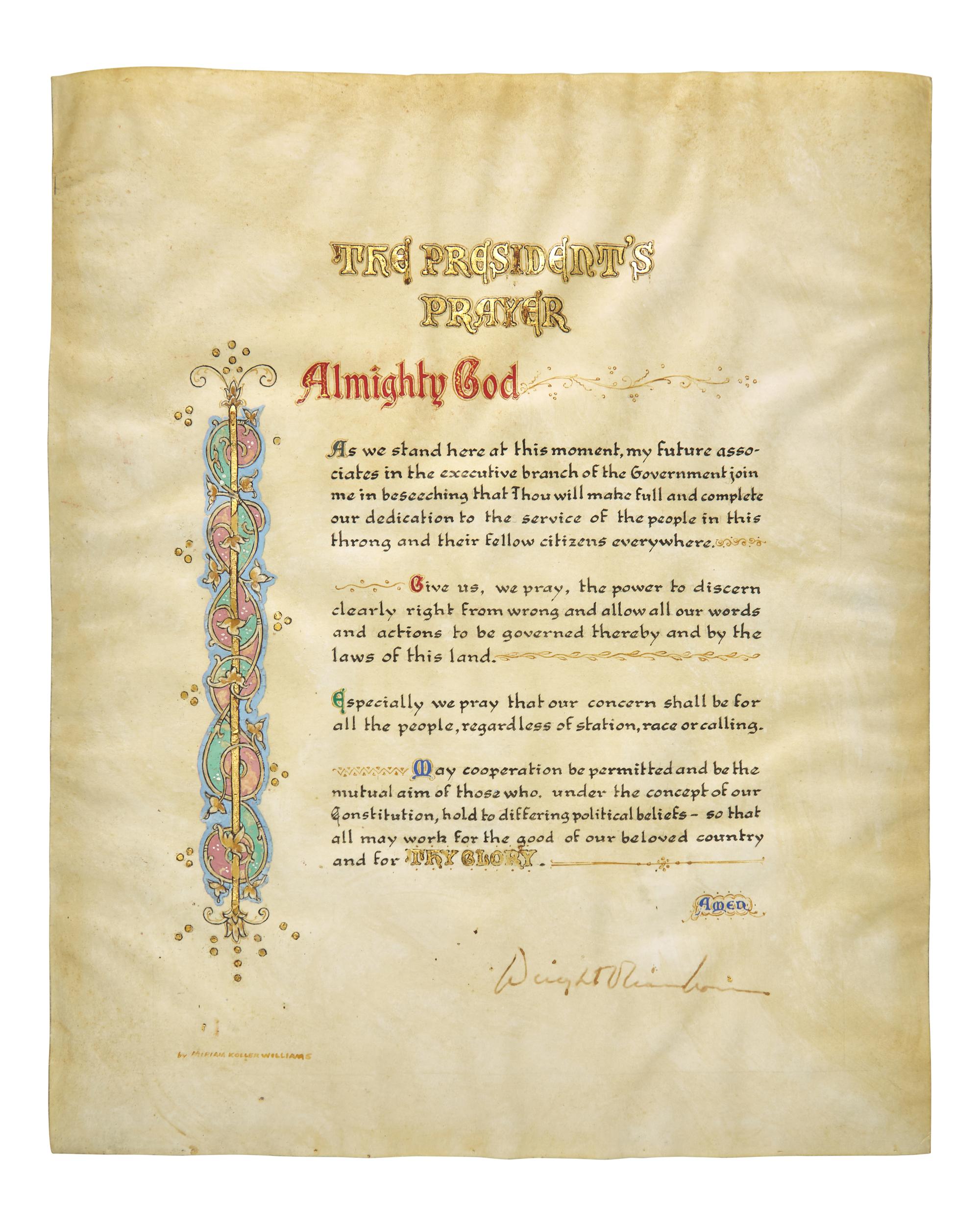 [Presidential] Eisenhower, Dwight D. Signed Illuminated Prayer Leaf