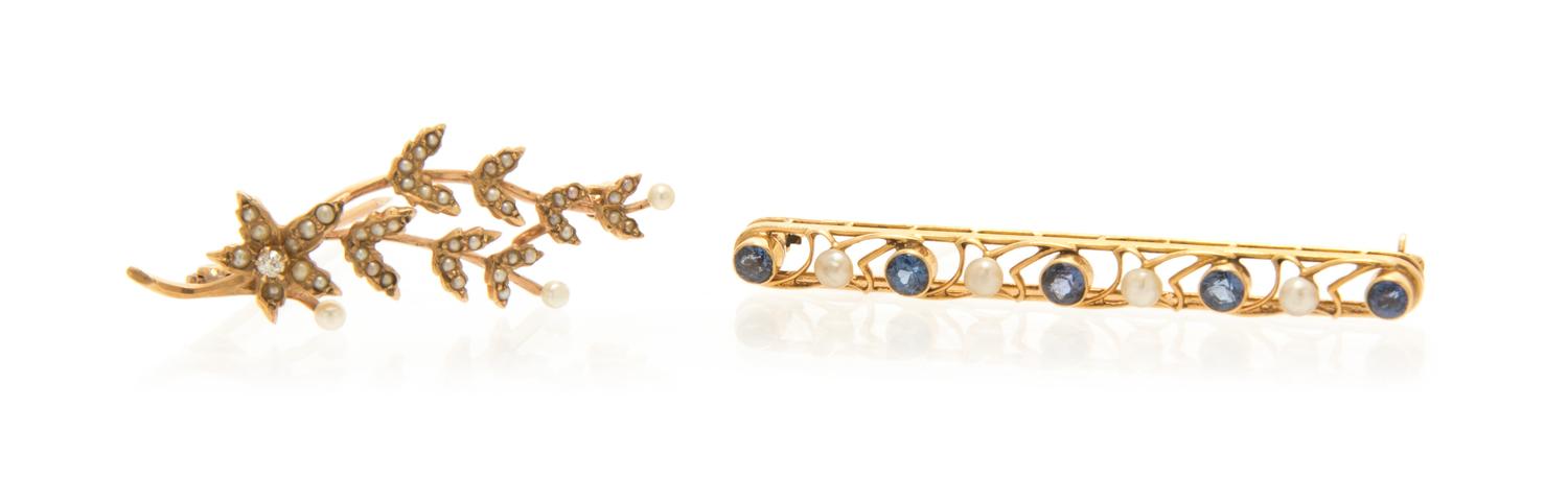 A Collection of Yellow Gold, Seed Pearl, Diamond and Sapphire Bar Brooches, 4.20 dwts.