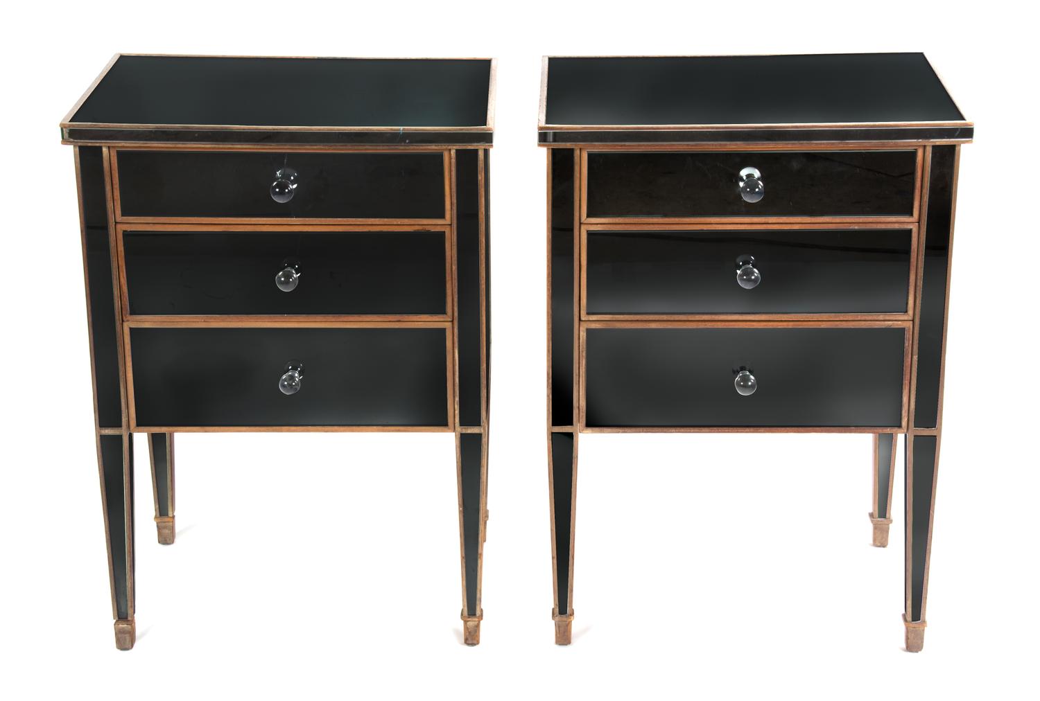 A Pair of Mirror-Veneered Night Tables Height 28 x width 20 1/2 x depth 15 1/2 inches. — 20TH CENTURY