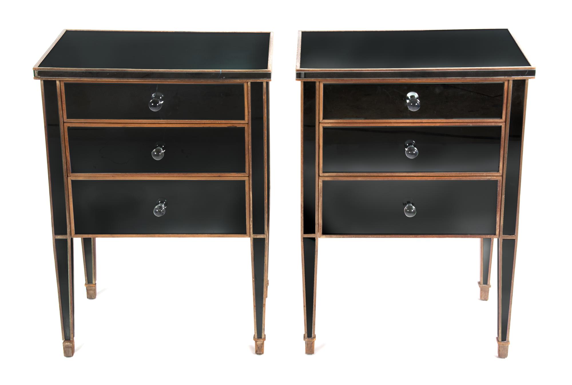 A Pair of Mirror-Veneered Night Tables Height 28 x width 20 1/2 x depth 15 1/2 inches. — 20TH CENTURY