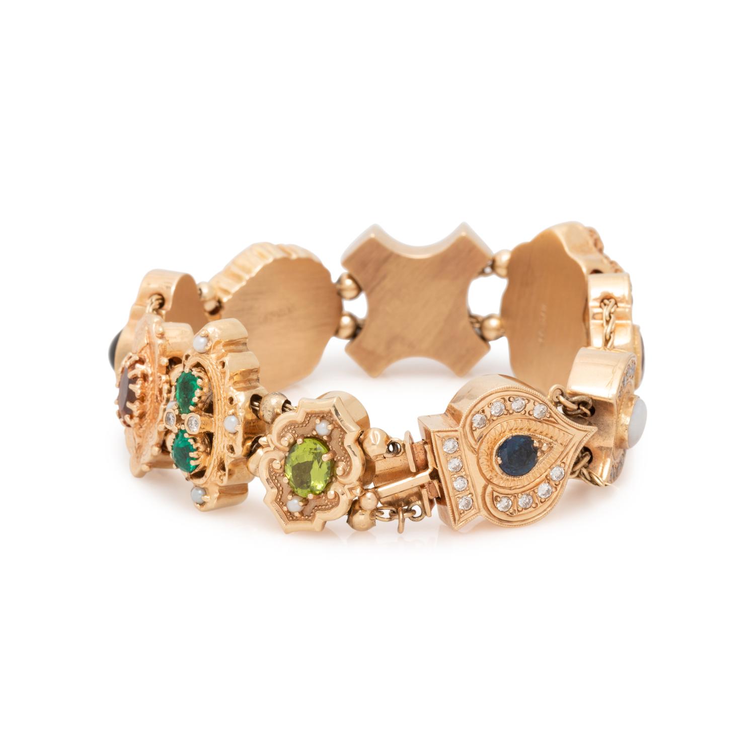 YELLOW GOLD, GEMSTONE AND DIAMOND SLIDE CHARM BRACELET