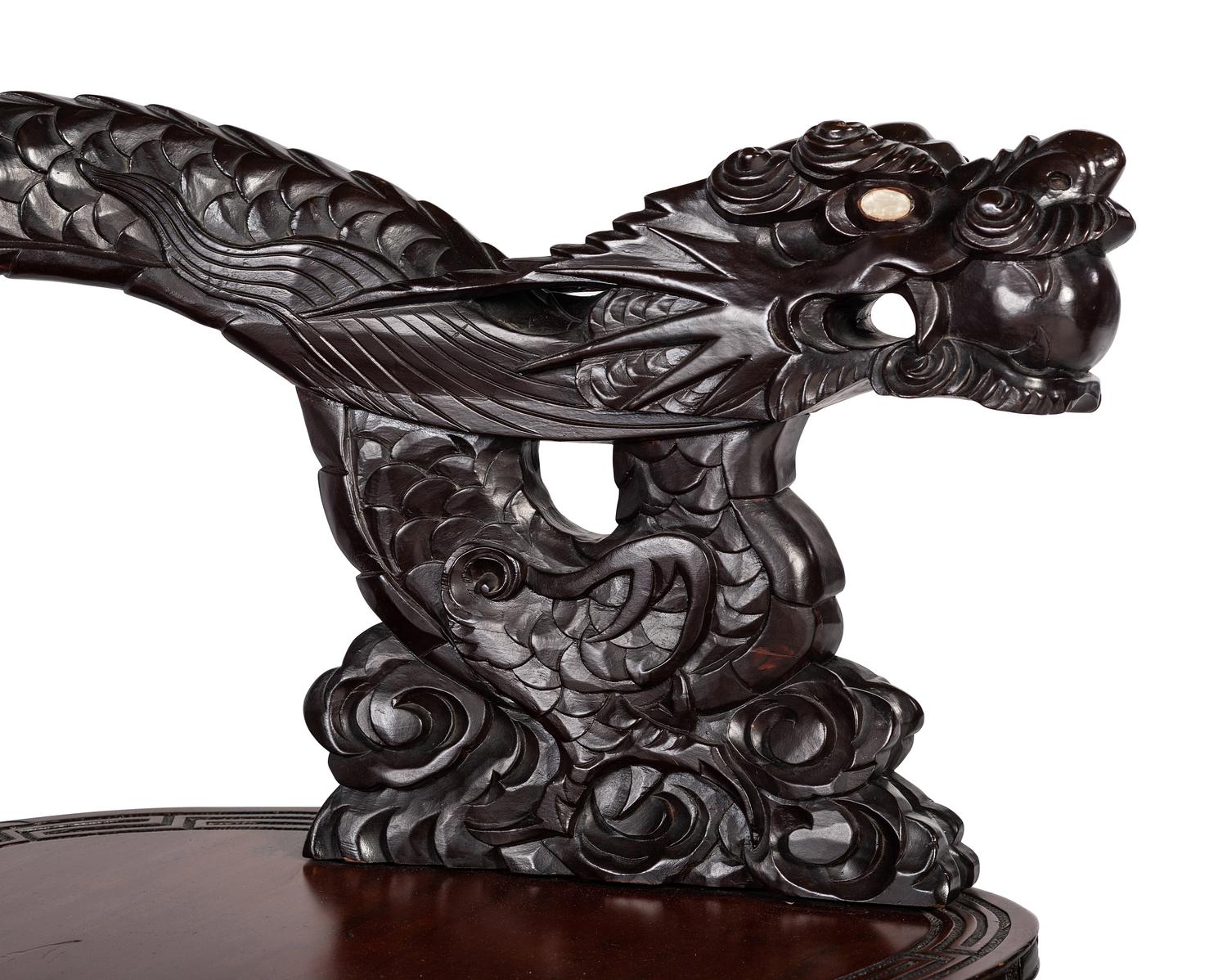 A Japanese Carved Hardwood Armchair, Settee and Marble Inset Stand