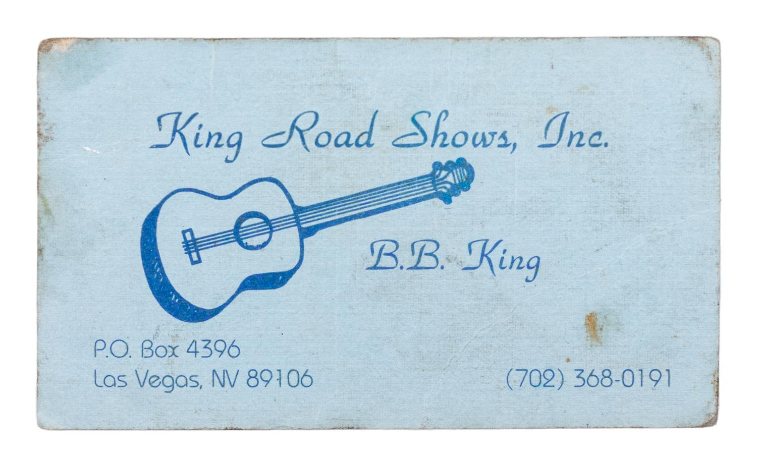 [MUSIC] -- [KING, B.B. (1925-2015)]. A group of 6 items related to B.B. King, highlighted by an autographed business card (“B.B. King”), and press photographs. Ca 1970s-80s.