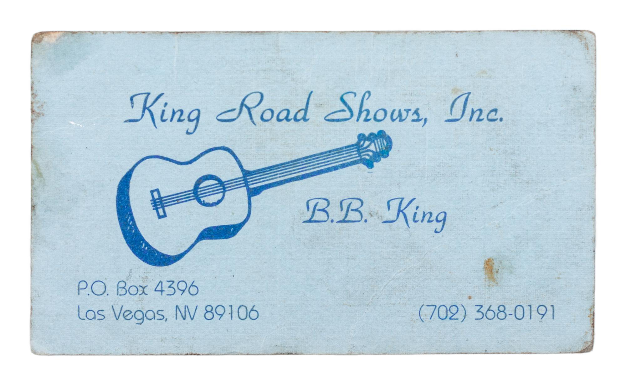 [MUSIC] -- [KING, B.B. (1925-2015)]. A group of 6 items related to B.B. King, highlighted by an autographed business card (“B.B. King”), and press photographs. Ca 1970s-80s.