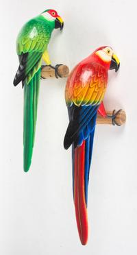 A Pair of Wooden Painted Parrot Wall-Hangings Length 20 inches (each).