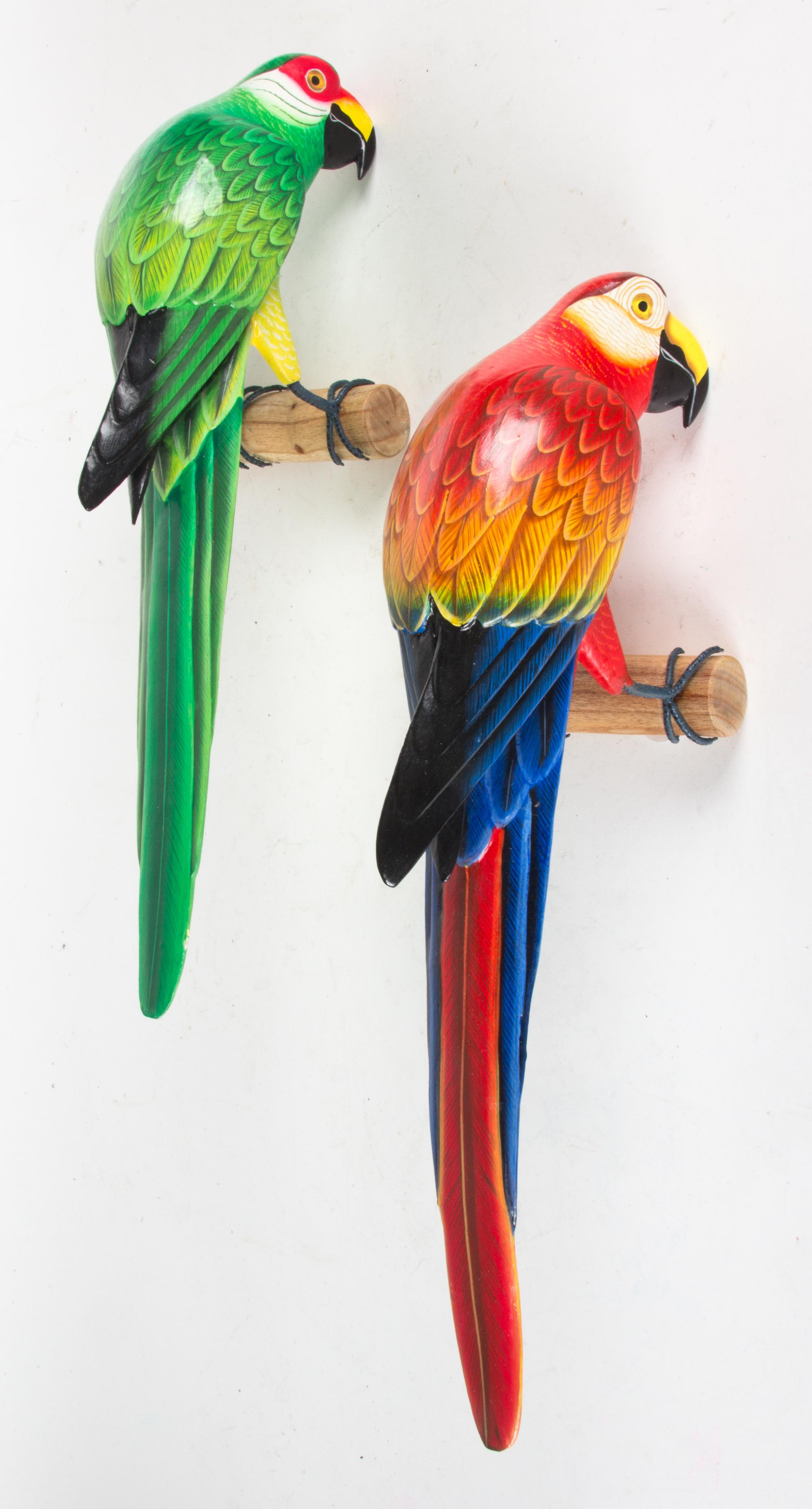 A Pair of Wooden Painted Parrot Wall-Hangings Length 20 inches (each).