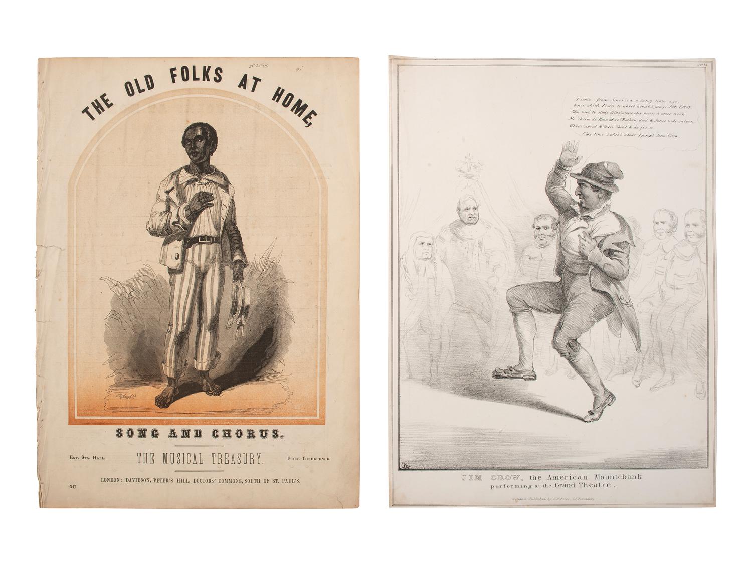 [ENTERTAINMENT - MUSIC]. Jim Crow, the American Mountebank performing at the Grand Theatre . London: S.W. Fores, ca 1830s. [ With: ] The Old Folks at Home . Illustrated sheet music.