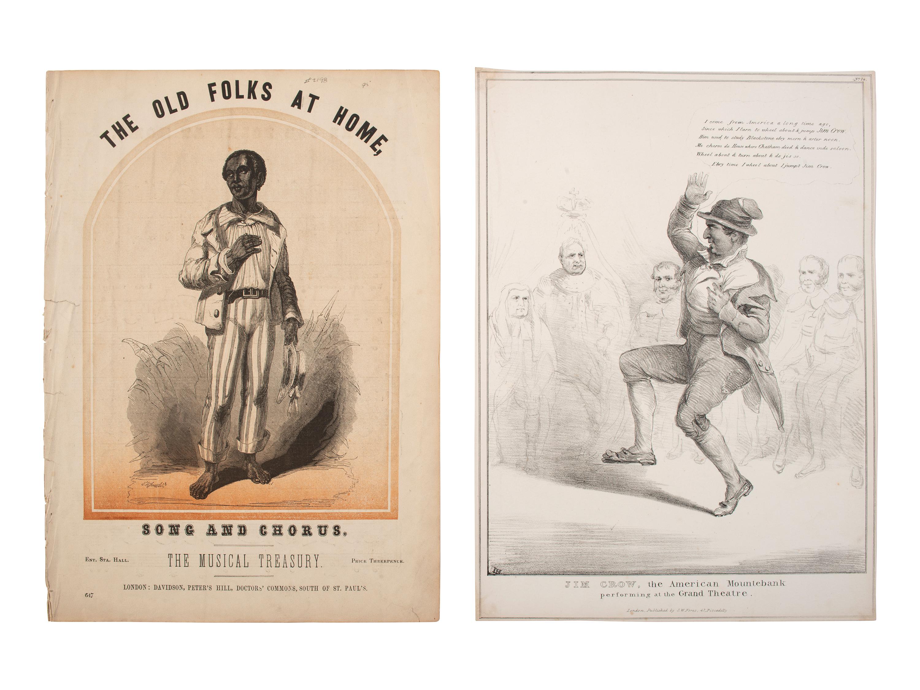 [ENTERTAINMENT - MUSIC]. Jim Crow, the American Mountebank performing at the Grand Theatre . London: S.W. Fores, ca 1830s. [ With: ] The Old Folks at Home . Illustrated sheet music.