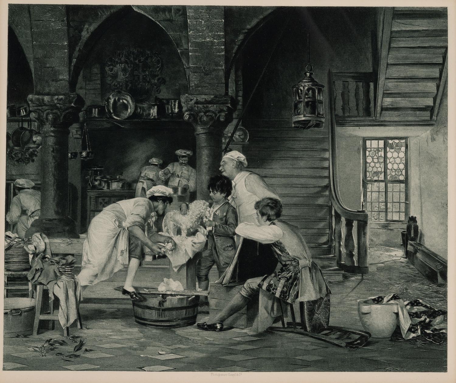 A group of 2 photogravures by Goupil & Co., depicting 18th century kitchen scenes. N.d.. 17 3/4 x 21 1/2 in or smaller. Matted and framed.