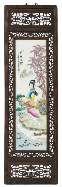 A Set of Four Famille Rose Porcelain Plaques Height of plaque 28 3/4 x width 8 1/4 inches.