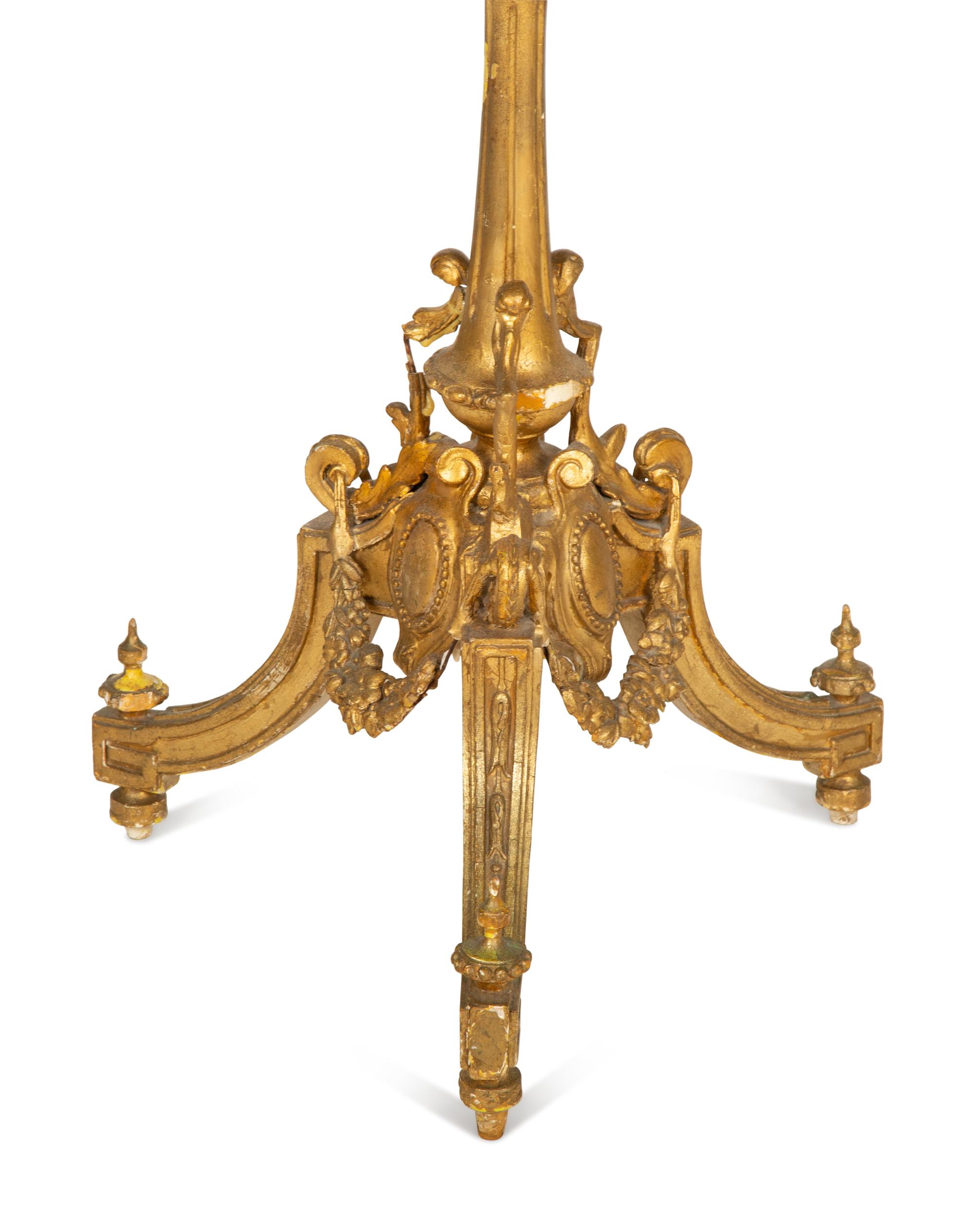A Louis XVI Style Carved Giltwood Tripod Table Base with an Associated Top