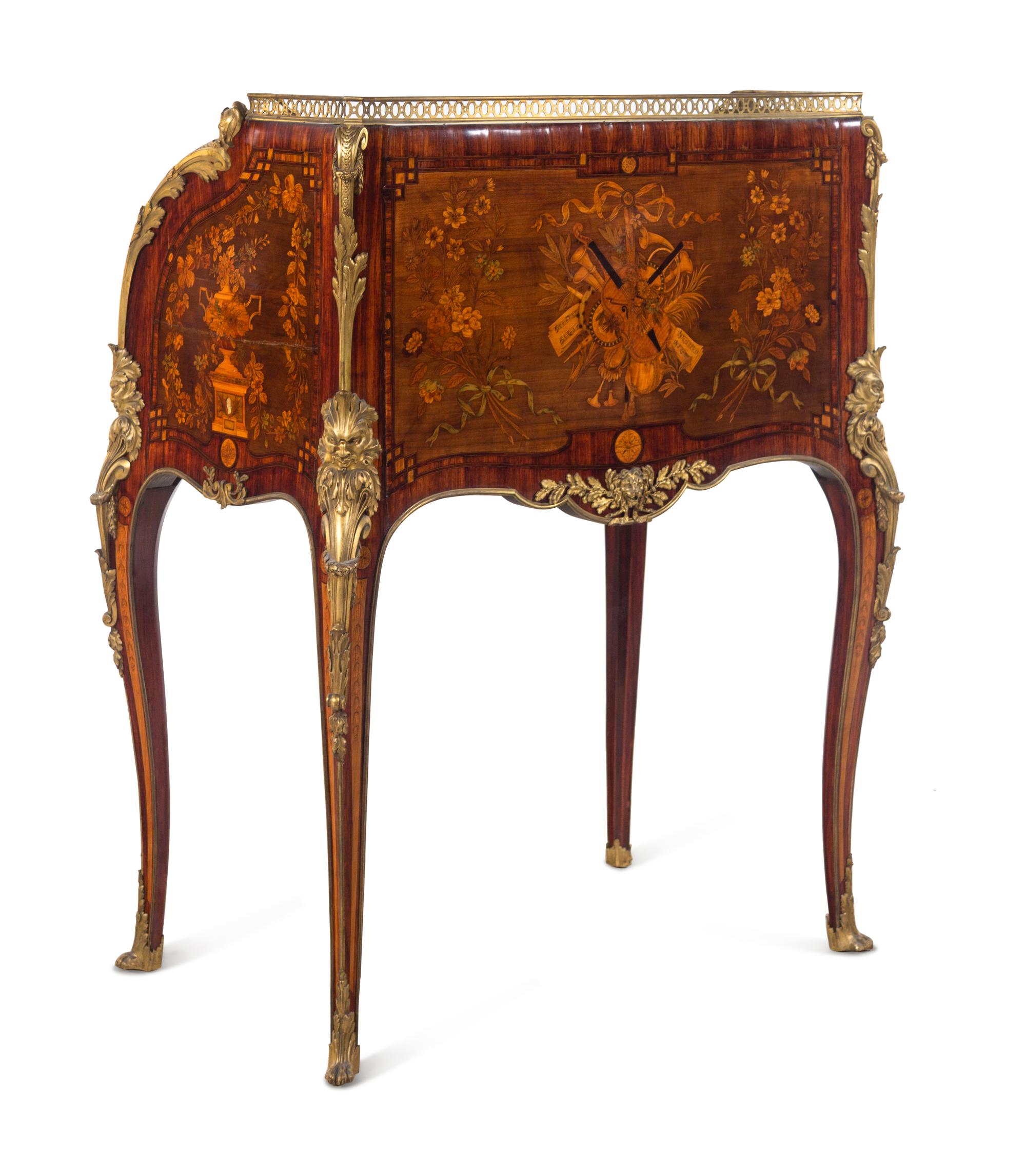 A Louis XV Style Gilt Bronze Mounted Marquetry Cylinder Bureau