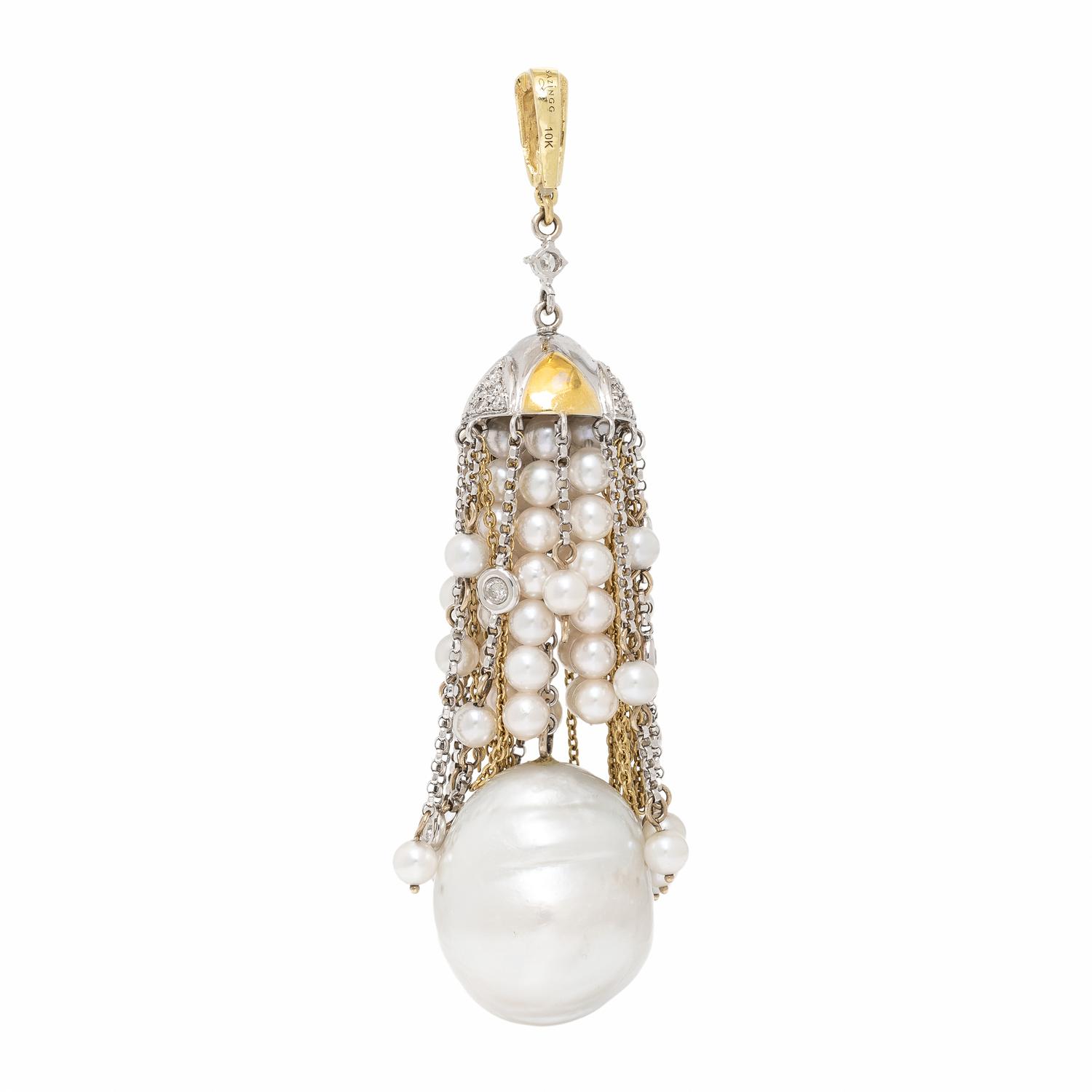 Sazingg, Cultured Pearl, Diamond, and Bicolor Gold Tassel Pendant