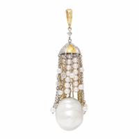 Sazingg, Cultured Pearl, Diamond, and Bicolor Gold Tassel Pendant