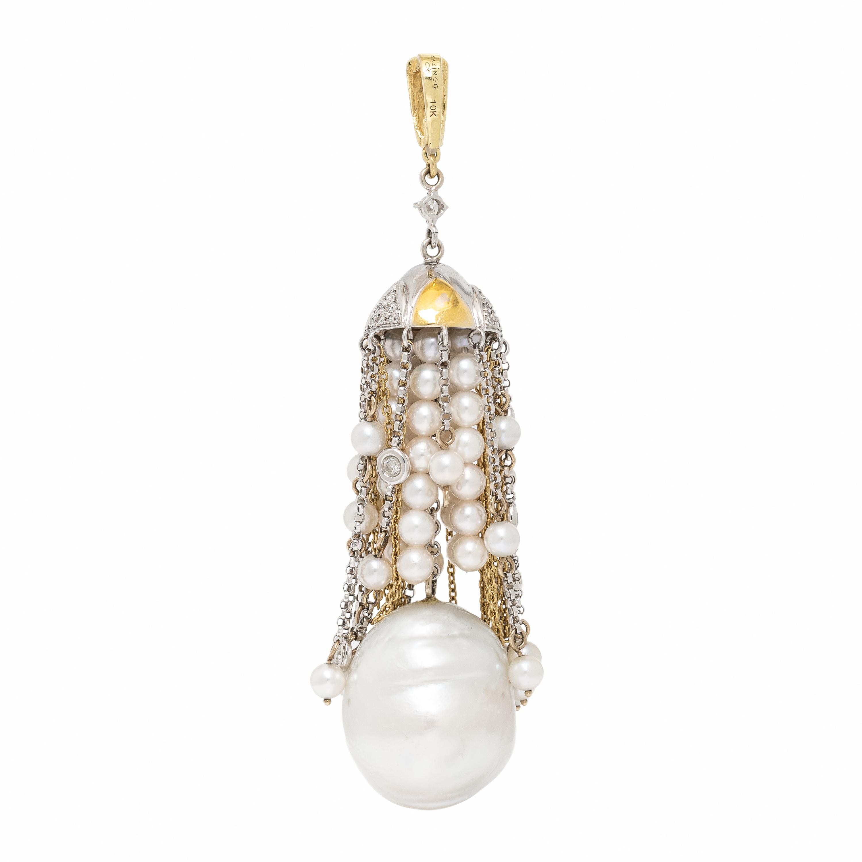 Sazingg, Cultured Pearl, Diamond, and Bicolor Gold Tassel Pendant