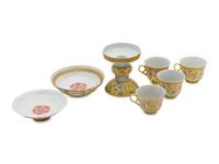 Six Chinese Famille Jaune 'Shou' Roundel Porcelain Wares