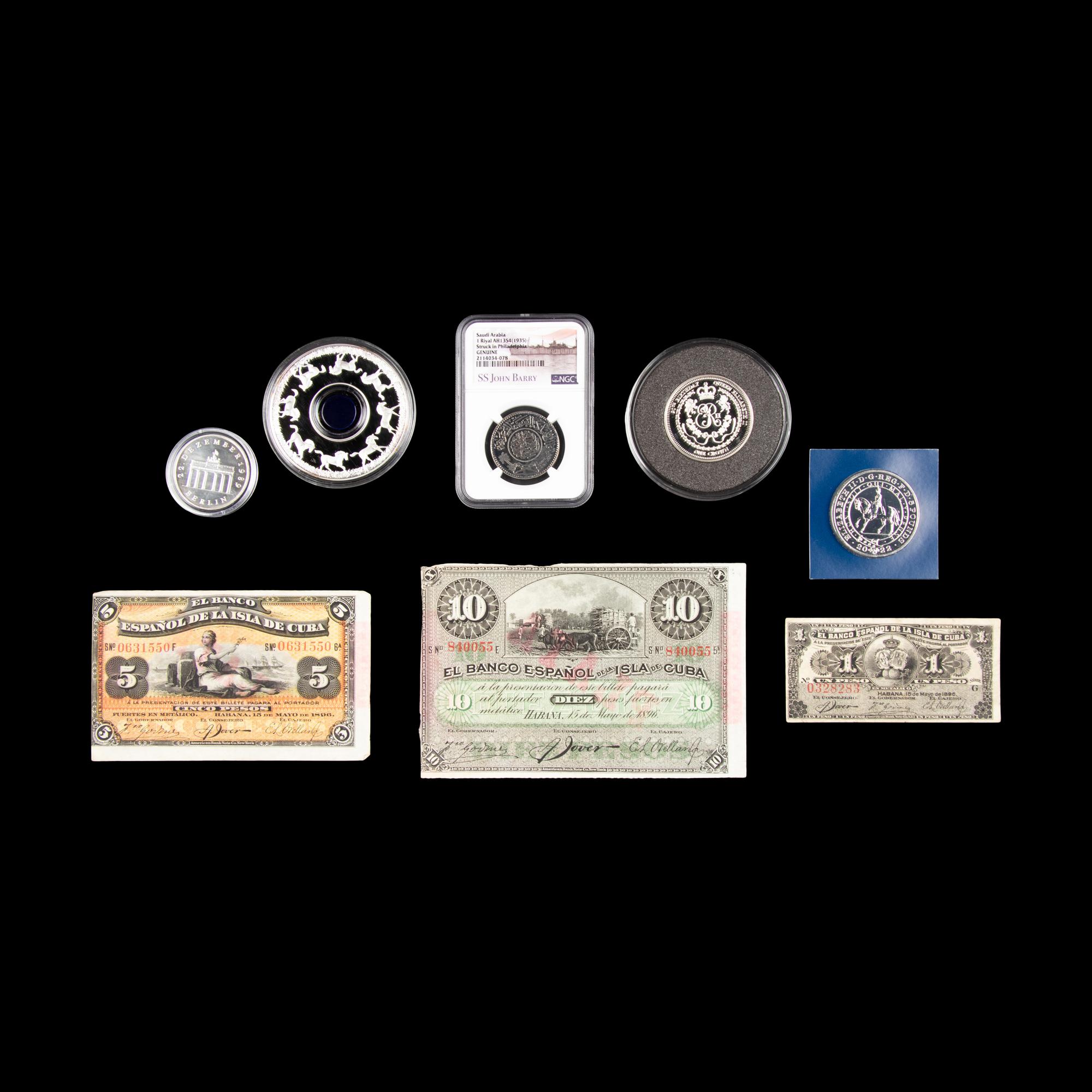 A Collection of International and Private-Issue Coins and Paper Money