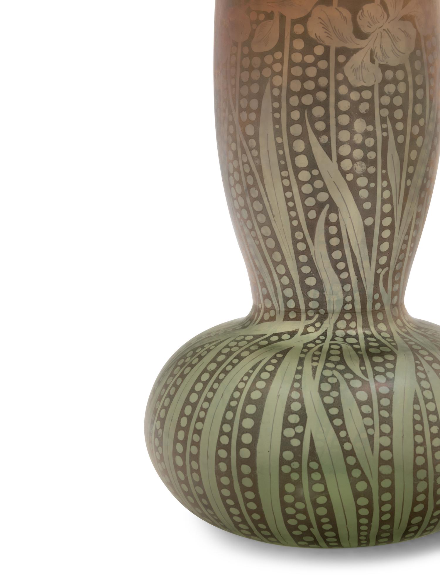 An Iridescent Glass Vase with Irises