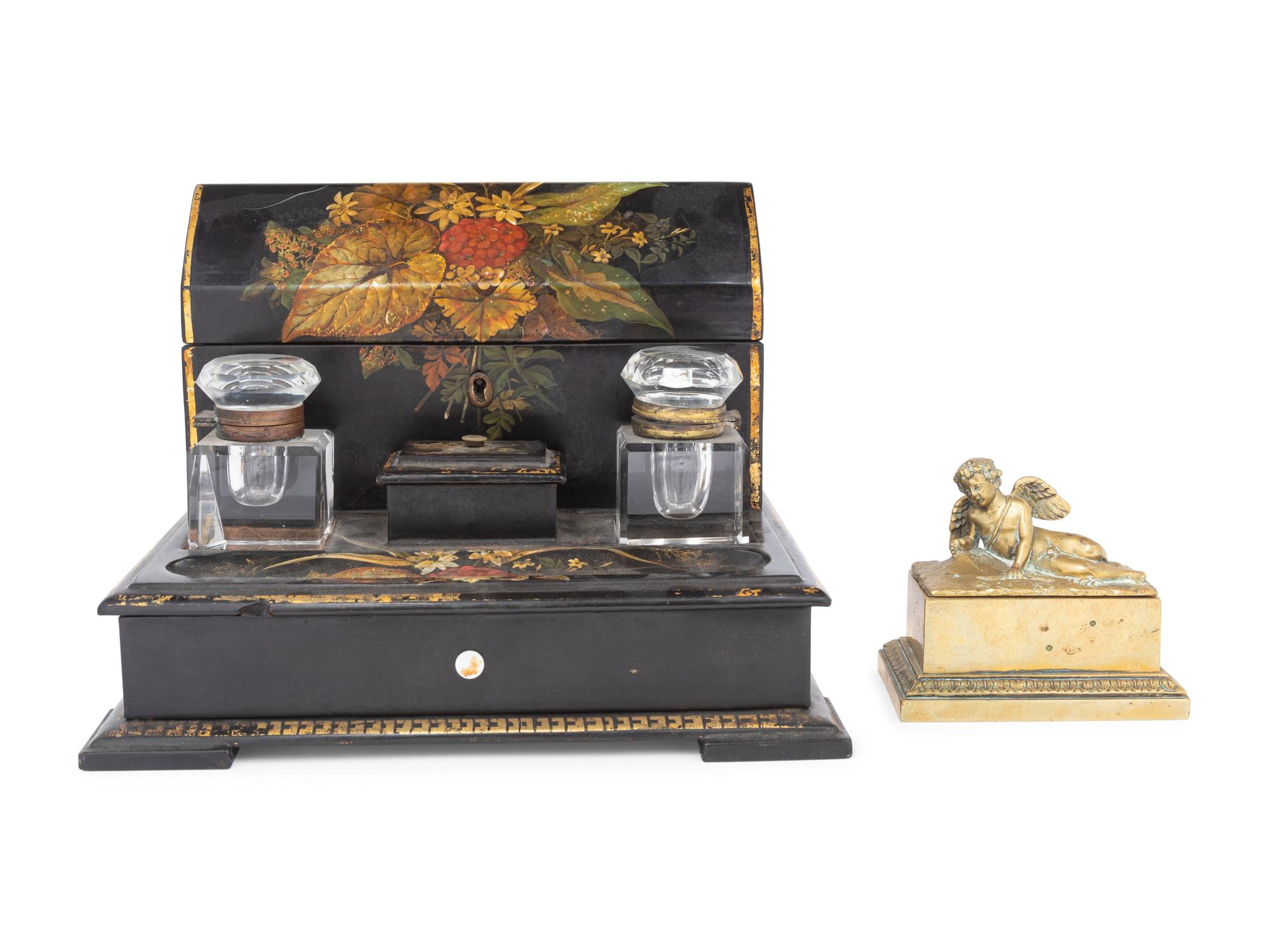 A Victorian Papier-Mâché Ink Stand and Stationery Box