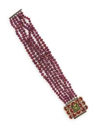 RUBY BEAD, DIAMOND, EMERALD, AND ENAMEL BRACELET