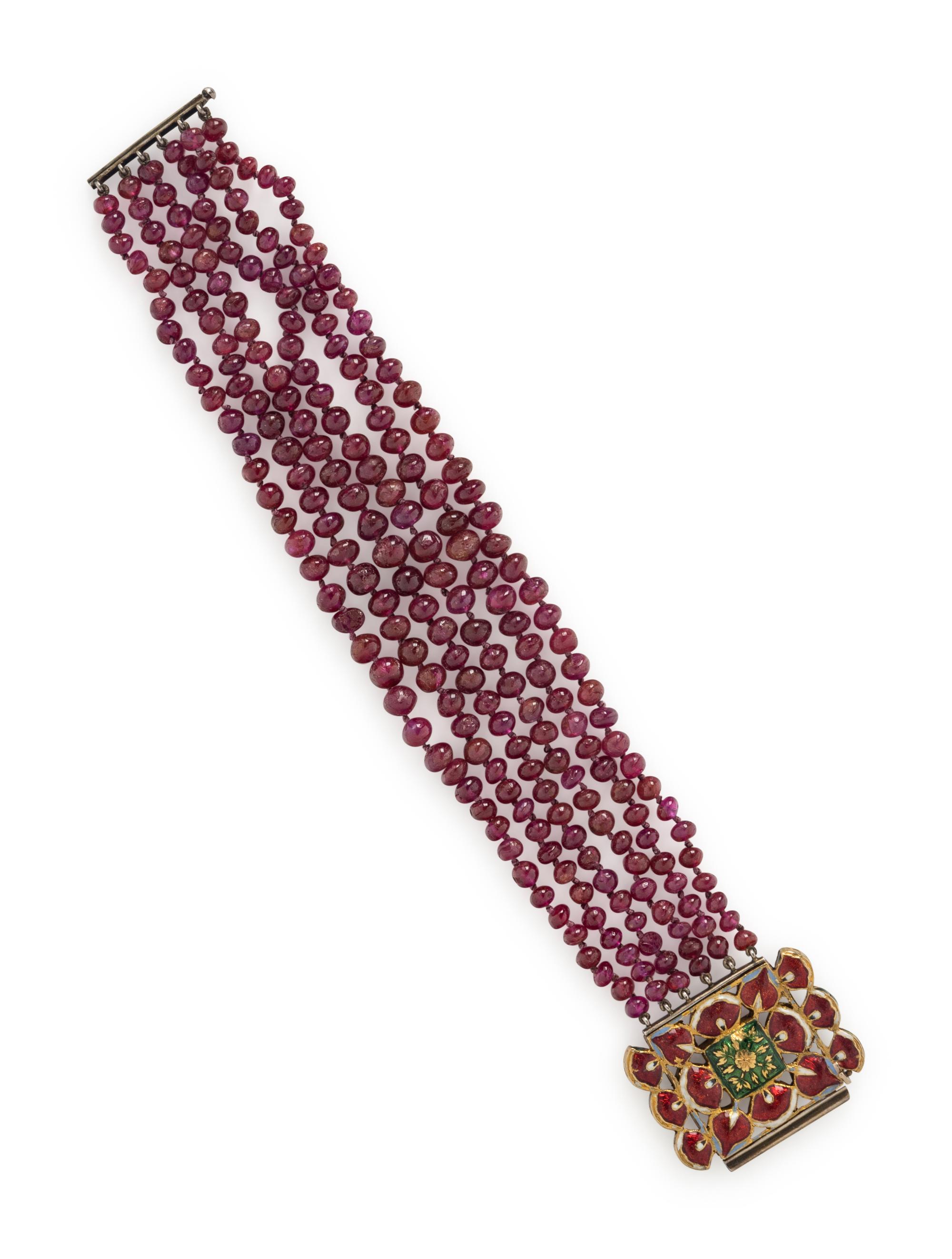 RUBY BEAD, DIAMOND, EMERALD, AND ENAMEL BRACELET