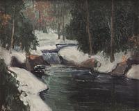 Kenneth R. Nunamaker (American, 1890-1957) and Alfred Nunamaker (American, 1915-1988) — Christmas Morning, Autumn, and The Brook (Three Works by Kenneth R. Nunamaker) ; together with Waterfall and Winter Brook (Two Works by Alfred Nunamaker)