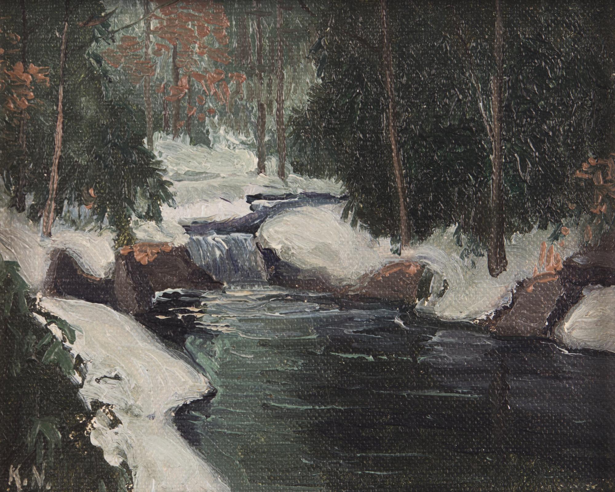 Kenneth R. Nunamaker (American, 1890-1957) and Alfred Nunamaker (American, 1915-1988) — Christmas Morning, Autumn, and The Brook (Three Works by Kenneth R. Nunamaker) ; together with Waterfall and Winter Brook (Two Works by Alfred Nunamaker)
